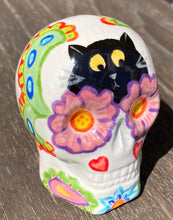 Load image into Gallery viewer, Gato Dia De Los Muertos Hand Painted Ceramic Sugar Skull, Floral Motifs With Hearts And Leaves, Black Cat Mini Day Of The Dead Calavera, Witchy Altar Skull, Goth Art, Nature Inspired Skull Art, Calaca De Ofrenda
