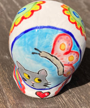 Load image into Gallery viewer, Gato Dia De Los Muertos Hand Painted Ceramic Sugar Skull, Floral Motifs With Hearts And Leaves, Black Cat Mini Day Of The Dead Calavera, Witchy Altar Skull, Goth Art, Nature Inspired Skull Art, Calaca De Ofrenda