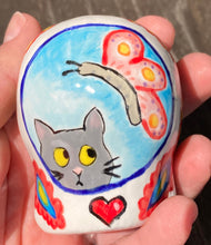 Load image into Gallery viewer, Gato Dia De Los Muertos Hand Painted Ceramic Sugar Skull, Floral Motifs With Hearts And Leaves, Black Cat Mini Day Of The Dead Calavera, Witchy Altar Skull, Goth Art, Nature Inspired Skull Art, Calaca De Ofrenda