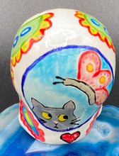 Load image into Gallery viewer, Gato Dia De Los Muertos Hand Painted Ceramic Sugar Skull, Floral Motifs With Hearts And Leaves, Black Cat Mini Day Of The Dead Calavera, Witchy Altar Skull, Goth Art, Nature Inspired Skull Art, Calaca De Ofrenda
