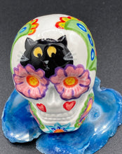 Load image into Gallery viewer, Gato Dia De Los Muertos Hand Painted Ceramic Sugar Skull, Floral Motifs With Hearts And Leaves, Black Cat Mini Day Of The Dead Calavera, Witchy Altar Skull, Goth Art, Nature Inspired Skull Art, Calaca De Ofrenda