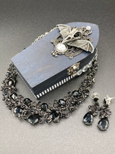 Load image into Gallery viewer, Death Raven Skull Wood Coffin Ring Box, Witchy Vibes Coffin Jewelry Box, Ultimate Glam and Goth Small Coffin Ring Box, Halloween Coffin Box