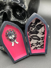 Load image into Gallery viewer, Death Raven Skull Wood Coffin Ring Box, Witchy Vibes Coffin Jewelry Box, Ultimate Glam and Goth Small Coffin Ring Box, Halloween Coffin Box, Black Exterior and Pink Inside