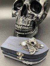 Load image into Gallery viewer, Death Raven Skull Wood Coffin Ring Box, Witchy Vibes Coffin Jewelry Box, Ultimate Glam and Goth Small Coffin Ring Box, Halloween Coffin Box