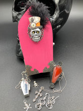 Load image into Gallery viewer, Misfit Small Wood Coffin Ring Box, Steampunk Inspired Jewelry Box, Spooky Goth Glam Skull, Gothic Vintage Evil Carnival Inspired Ringleader