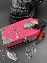 Load image into Gallery viewer, Misfit Small Wood Coffin Ring Box, Steampunk Inspired Jewelry Box, Spooky Goth Glam Skull, Gothic Vintage Evil Carnival Inspired Ringleader