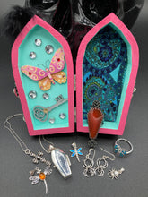 Load image into Gallery viewer, Misfit Small Wood Coffin Ring Box, Gothic Vintage Evil Carnival Ringleader, Calavera De La Muerte