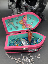 Load image into Gallery viewer, Misfit Small Wood Coffin Ring Box, Gothic Vintage Evil Carnival Ringleader, Calavera De La Muerte