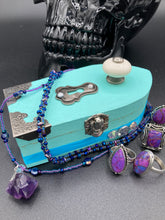 Load image into Gallery viewer, Whimsical Fairy Wood Coffin Box, Steampunk Inspired Keepsake Box, Mystical Witchy Pastel Goth Altar Trinket Box, Magical Princes Butterfly