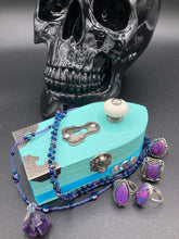 Load image into Gallery viewer, Whimsical Fairy Wood Coffin Box, Steampunk Inspired Keepsake Box, Mystical Witchy Pastel Goth Altar Trinket Box, Magical Princes Butterfly