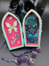 Load image into Gallery viewer, Whimsical Fairy Wood Coffin Box, Steampunk Inspired Keepsake Box, Mystical Witchy Pastel Goth Altar Trinket Box, Magical Princes Butterfly