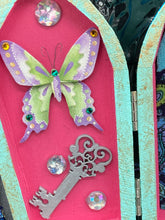 Load image into Gallery viewer, Whimsical Fairy Wood Coffin Box, Steampunk Inspired Keepsake Box, Mystical Witchy Pastel Goth Altar Trinket Box, Magical Princes Butterfly