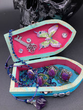 Load image into Gallery viewer, Whimsical Fairy Wood Coffin Box, Steampunk Inspired Keepsake Box, Mystical Witchy Pastel Goth Altar Trinket Box, Magical Princes Butterfly