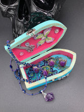 Load image into Gallery viewer, Whimsical Fairy Wood Coffin Box, Steampunk Inspired Keepsake Box, Mystical Witchy Pastel Goth Altar Trinket Box, Magical Princes Butterfly