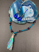 Load image into Gallery viewer, Rainbow Kyanite Wired Stone Pendant Glass Beads Necklace, Celestial Vibe Natural Stone, Hippie Choker Style Necklace, Shabby Chic, Boho Chic