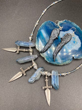 Load image into Gallery viewer, Dark Goth Blue Crystals And Dagger Pendant Necklace, Witchy Jewelry
