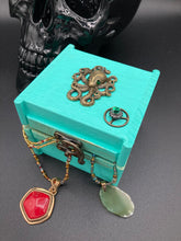 Load image into Gallery viewer, witchy metal octopus with emerald eyes small wood jewelry box hand painted ocean inspired small trinket box steampunk metal decor box