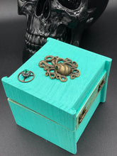 Load image into Gallery viewer, witchy metal octopus with emerald eyes small wood jewelry box hand painted ocean inspired small trinket box steampunk metal decor box