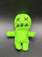 Load image into Gallery viewer, Beetlejuice inspired Lime Green Voodoo Doll stands at 3 1/4" in height. All lime green with “x” for eyes and mouth sowed shut. Super spooky but still cute doll.