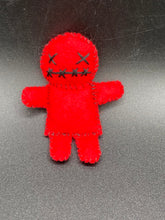 Load image into Gallery viewer, Fire engine red Voodoo Doll has black “X” for eyes and mouth, so he’s kinda plain but still creepy: 3 3/8" in height