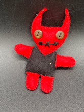Load image into Gallery viewer, Red Devil Voodoo Doll stands at 4" in height. He has a black torso and red arms and legs and a red head with horns of course. He also has a black sewed shut mouth, Oh my, and brown button eyes.