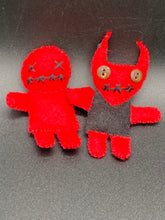 Load image into Gallery viewer, Fire engine red Voodoo Doll has black “X” for eyes and mouth, so he’s kinda plain but still creepy: 3 3/8" in height. Red Devil Voodoo Doll stands at 4" in height. He has a black torso and red arms and legs and a red head with horns of course. He also has a black sowed shut mouth, Oh my, and brown button eyes.
