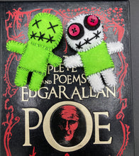 Load image into Gallery viewer, Mini Lime Green And White Voodoo Doll stands at 3 1/2" in height. Torso is lime green with arms, legs and head is all white. He has dark red buttons for eyes. Adorable but with a dash of creepy. Beetlejuice inspired Lime Green Voodoo Doll stands at 3 1/4" in height. All lime green with “x” for eyes and mouth sowed shut. Super spooky but still cute doll.