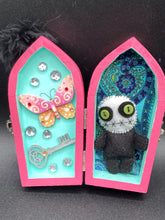 Load image into Gallery viewer, Misfit Small Wood Coffin Ring Box, Gothic Vintage Evil Carnival Ringleader, Calavera De La Muerte