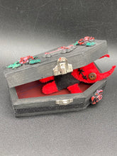 Load image into Gallery viewer, Red Devil Voodoo Doll stands at 4" in height. He has a black torso and red arms and legs and a red head with horns of course. He also has a black sewed shut mouth, Oh my, and brown button eyes.