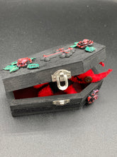 Load image into Gallery viewer, Red Devil Voodoo Doll stands at 4" in height. He has a black torso and red arms and legs and a red head with horns of course. He also has a black sewed shut mouth, Oh my, and brown button eyes.