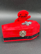 Load image into Gallery viewer, Fire engine red Voodoo Doll has black “X” for eyes and mouth, so he’s kinda plain but still creepy: 3 3/8" in height