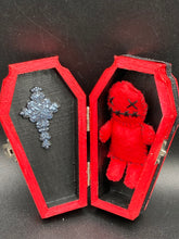 Load image into Gallery viewer, Fire engine red Voodoo Doll has black “X” for eyes and mouth, so he’s kinda plain but still creepy: 3 3/8" in height
