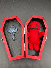 Load image into Gallery viewer, Fire engine red Voodoo Doll has black “X” for eyes and mouth, so he’s kinda plain but still creepy: 3 3/8" in height