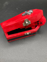 Load image into Gallery viewer, Red And Black Wood Coffin Ring Box And Spooky But Cute Misfit VooDoo Doll