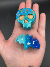 Load image into Gallery viewer, Galaxy And Cosmos Small Skull Clay Art Magnet, Dia De Los Muertos Calavera, Day of the Dead Stars and Moon Skull