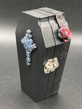 Load image into Gallery viewer, Vintage Inspired Wood Coffin Ring Box or Jewelry Box And Spooky But Cute VooDoo Doll