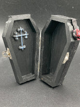 Load image into Gallery viewer, Vintage Inspired Wood Coffin Ring Box or Jewelry Box And Spooky But Cute VooDoo Doll