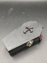 Load image into Gallery viewer, Vintage Inspired Wood Coffin Ring Box or Jewelry Box And Spooky But Cute VooDoo Doll