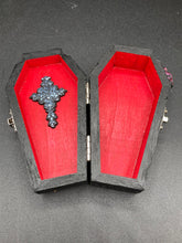 Load image into Gallery viewer, Vintage Inspired Wood Coffin Ring Box or Jewelry Box And Spooky But Cute VooDoo Doll
