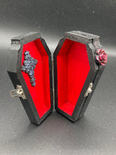Load image into Gallery viewer, Vintage Inspired Wood Coffin Ring Box or Jewelry Box And Spooky But Cute VooDoo Doll