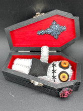Load image into Gallery viewer, Vintage Inspired Wood Coffin Ring Box or Jewelry Box And Spooky But Cute VooDoo Doll