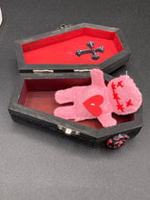 Load image into Gallery viewer, Vintage Inspired Wood Coffin Ring Box or Jewelry Box And Spooky But Cute VooDoo Doll