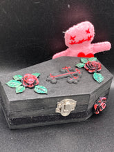Load image into Gallery viewer, Vintage Inspired Wood Coffin Ring Box or Jewelry Box And Spooky But Cute VooDoo Doll