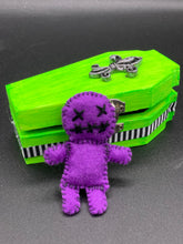 Load image into Gallery viewer, Purple Voodoo Doll stands at 3 3/4" in height. He has sowed mouth and eye shut so that make him creepy.
