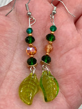 Load image into Gallery viewer, Whimsical Green And Gold Beaded Earrings, Hippie Vibe, Nature Inspired, Cosplay