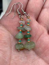 Load image into Gallery viewer, This simple yet elegant set of earrings features a single strand of natural green aventurine chip stones, accented by small turquoise and gold glass beads. Measurements: 1 1/2” in length