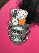 Load image into Gallery viewer, Misfit Small Wood Coffin Ring Box, Steampunk Inspired Jewelry Box, Spooky Goth Glam Skull, Gothic Vintage Evil Carnival Inspired Ringleader
