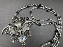 Load image into Gallery viewer, Dark Elegant Black, Gray, Silver Collar Style Adjustable Glass Beaded Necklace is the ultimate vampire goth jewelry statement piece to add to your jewelry collection. Metal raven skull with highly detailed bat wings. This beautiful necklace has a dark tone death raven theme, both is a unique and bold piece of jewelry. Necklace is 14 1/2” adjustable up to 18" in length - nickel free metal ravel skull pendant 2 3/4"