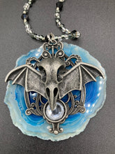Load image into Gallery viewer, Dark Elegant Black, Gray, Silver Collar Style Adjustable Glass Beaded Necklace is the ultimate vampire goth jewelry statement piece to add to your jewelry collection. Metal raven skull with highly detailed bat wings. This beautiful necklace has a dark tone death raven theme, both is a unique and bold piece of jewelry. Necklace is 14 1/2” adjustable up to 18" in length - nickel free metal ravel skull pendant 2 3/4"