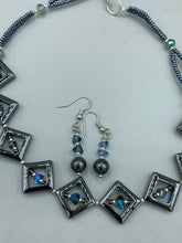 Load image into Gallery viewer, Square Hematite Beads With Shimmery Aqua Blue Faceted Glass Beaded Necklace, Bohemian Style Jewelry, Draped Necklace, Shabby Chic